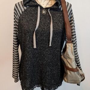 Grey and white striped hoodie with lace trim